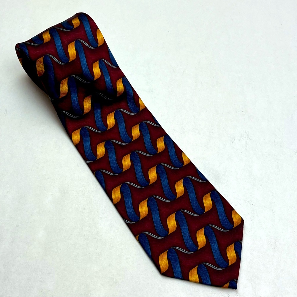 J.Z. Richards 100% Silk Mens Burgundy Blue Yellow Ribbon Pattern‎ Tie Classic